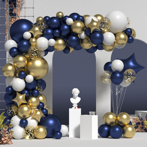 ZFUNBO Navy Blue Gold Balloon Garland Arch Kit, 128pcs Navy Blue Balloon Garland Blue White Gold Confetti Balloons Star Foil Balloons for Graduation Birthday Baby Shower Party Supplies Decorations