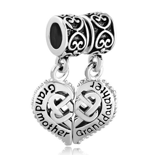LovelyCharms 925 Sterling Silver GrandMother GrandDaughter Heart Beads Fit Charms Bracelets