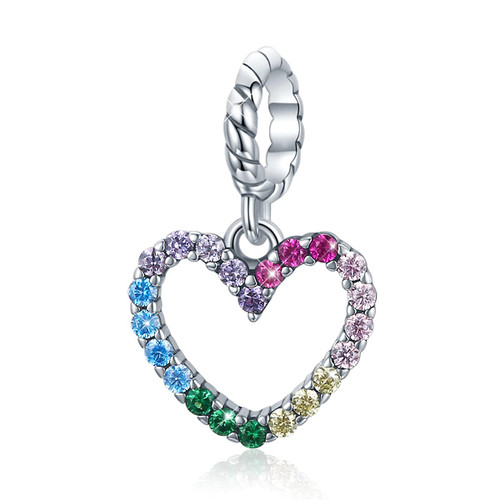 BISAER Love Heart Charms 925 Sterling Silver Colorful Cubic Zirconia Heart Dangle Charms for Bracelet Necklace Christmas Gifts