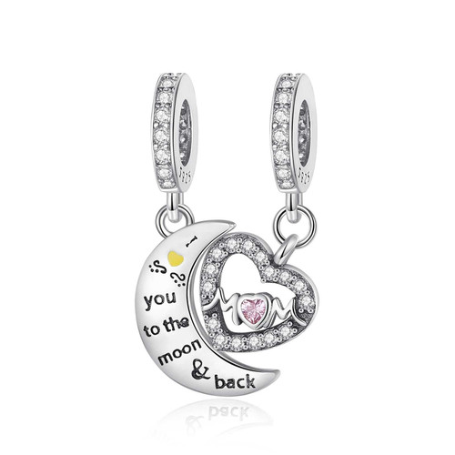 BEEUVIP Mother's Day Gift I Love You to The Moon and Back Mom Heart Charm Bead for Bracelet 925 Sterling Silver Charm Bead for Mom