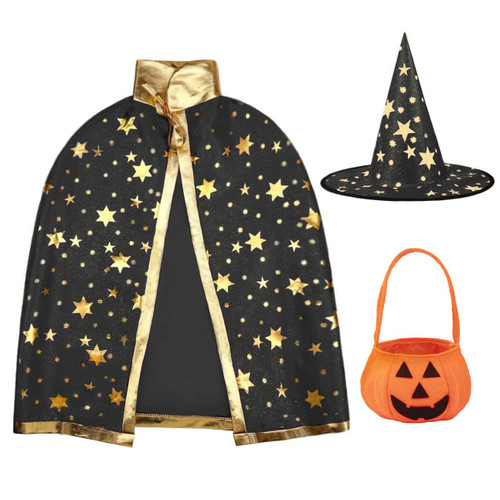 Naichuo Halloween Wizard Cape Witch Star Pattern Costume Cloak with Hat Pumpkin Bag for Children Kids Role Play Cosplay Party(Black)