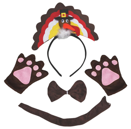 Petitebella Turkey Headband Bowtie Tail Glove 4pc Children Costume 1-10y (Brown, 5-10 Years)