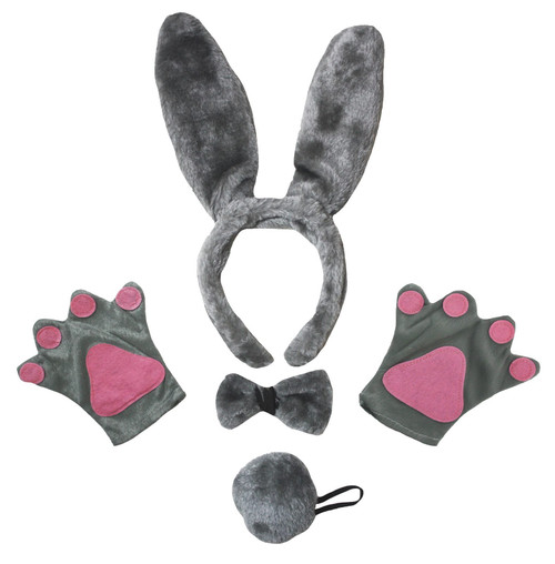 Petitebella Bunny Ear Headband Bowtie Tail Gloves 4pc Costume 1-10y (Gray, 5-10 Years)