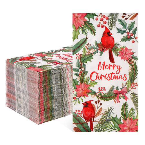 100Pcs Christmas Napkins 3 Ply Disposable Christmas Paper Napkins Red Cardinal Bird with Greenery Dinner Hand Napkin Towel for Home Kitchen Bathroom Wedding Winter Holiday Xmas Party Supplies