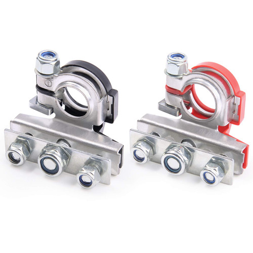 MNJ MOTOR 3 Way Car Battery Terminal Connectors, Negative and Positive Copper Plate Cable Clamp Quick Connector Compatible with Boat Caravan Van Motorhome Motorcycle (Black & Red)