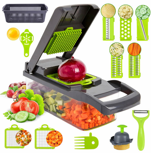 Vegetable Chopper | Pro Onion Chopper, RKINC Multifunctional 14 in 1 Food Chopper, Kitchen Vegetable Slicer Dicer Cutter, Peeler Veggie Chopper With 8 Blades, Carrot and Garlic Chopper With Container