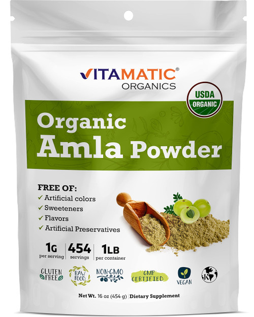 Vitamatic Certified USDA Organic Amla Berry Powder 1 Pound (16 Ounce) - Amalaki - Rich in Antioxidant Vitamin C | Supports Immunity - Gluten Free, Non-GMO, Kosher