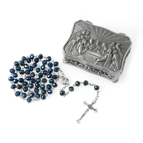 WHLHMK Rosary Beads Catholic for Women With Rosary Box, Blue Crystal Beads Rosary Necklace with Last Supper Vintage Jewelry Box, Anglican Prayer Beads Christian Gifts for Women Catholic Gifts WHLHMK Rosary Beads Catholic for Women With Rosary Box, Blue Crystal Beads Rosary Necklace with Last Supper Vintage Jewelry Box, Anglican Prayer Beads Christian Gifts for Women Catholic Gifts
