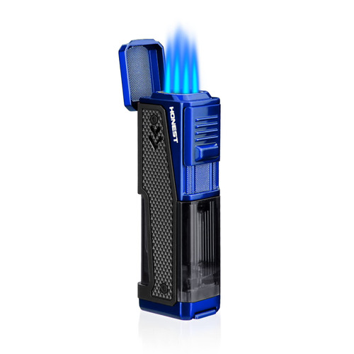 Cigar Torch Lighter with Cigar Stand on Top Four Jet Flame Butane Refillable Windproof Cigar Lighter with Punch (Blue)