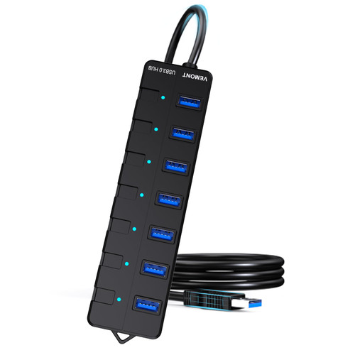 USB HUB,VEMONT 7 Port USB 3.0 Hub with Individual On/Off Switches and Lights, USB Splitter hub with 4ft/1.2m USB HUB Long Cable, USB Extension for Laptop and PC Computer
