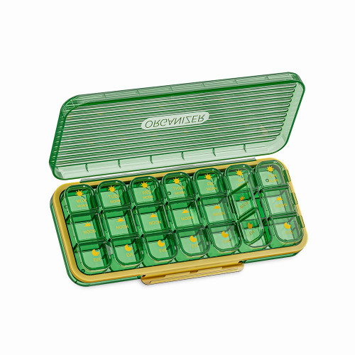 7 Day Pill Organizer?Pill Box 3 Times A Day Travel Daily Pill Case?Weekly Pill Organizer with 21 Large Compartment?Portable Pill Container for Fish Oils,Vitamin,Supplements(Green)