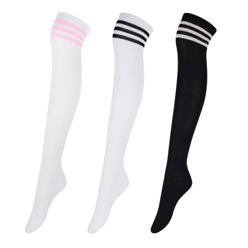 Intgoodluckycc Thigh High Socks for Women, Striped Long Knee High Socks, Cute Womens Over The Knee Socks Stockings (3 Pairs, Mixed Colors 1)