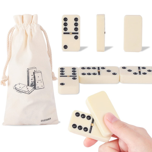 GUSTARIA Dominoes Set for Adults, Dominos Set with 28 Ivory Tiles, Double Six Dominos Game Set for Classic Board Game, with White Canvas Bag (2 to 4 Players)