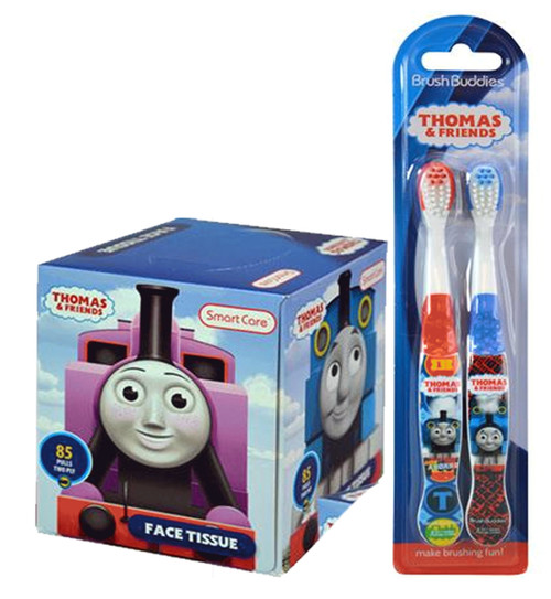 Thomas The Train Kids 2pk Soft Manual Toothbrush Set Plus Bonus Thomas & Friends Bathroom Tissue Box!