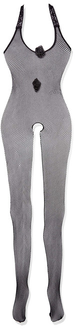 MUSIC LEGS Women's Halter Fishnet Crotchless Bodystocking with Rose Applique, Black, One Size