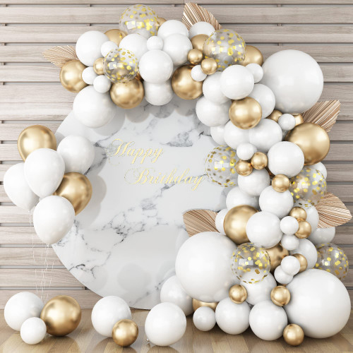 White Gold Balloon Arch Kit, 120Pcs White Balloon Garland Kit with Gold Confetti & Metallic Gold Balloons for Wedding, Decoration for Birthday Boy Girl Baby Shower Engagement Anniversary Graduation