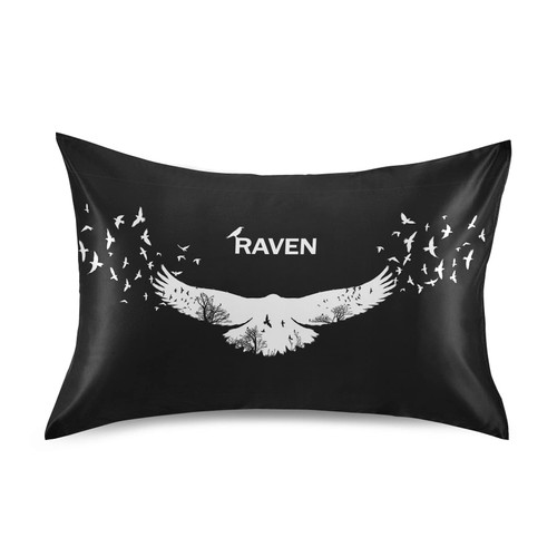 White Raven Silhouette with the Fluttering Wings on Black Silky Satin Pillowcase for Hair and Skin, Soft Breathable Bed Pillow Cover, Decorative Silk Pillow Cases, Standard Size 20x26 inches
