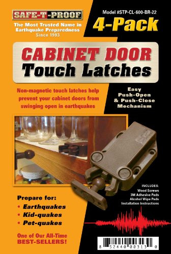 Safe-T-Proof Cabinet Door Touch Latches, Brown, 4-Pack