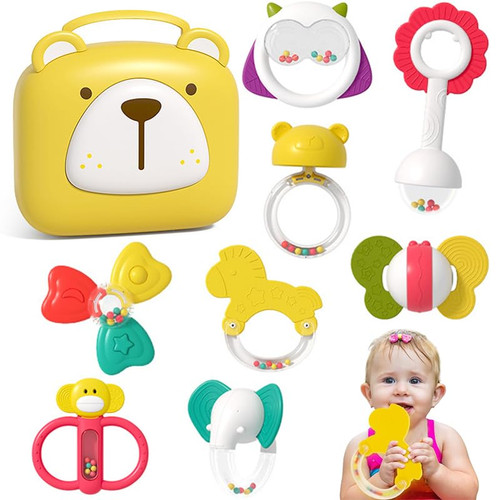 9 Pcs Baby Rattle Toys Set Infant Toys, Teething Toys for Babies 0-6 Months, Baby Rattles Set, Sensory Teether, Silicone Baby Teether Rattles, Newborn Birthday Gifts for 0-12 Months Babies Boy Girl