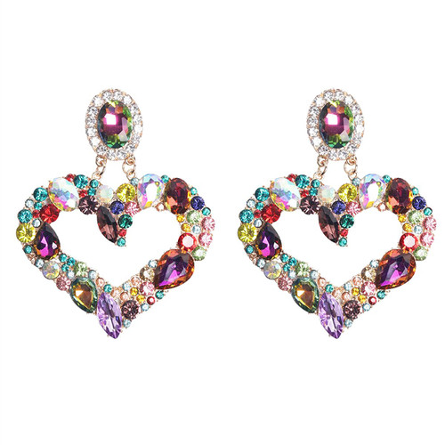 Minzaos BETHNISIER Large Heart Rhinestone Crystal Dangle Earrings Colorful Heart Stud Earrings Statement Drop Earrings for Women Girls Brides