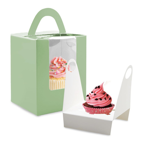 Single Cupcake Containers CupCake Boxes,30 Pieces Clear Window Inserts Handle Cupcake Muffins Cupcake Carriers Pastry Containers for Wedding Birthday Parties (Green)