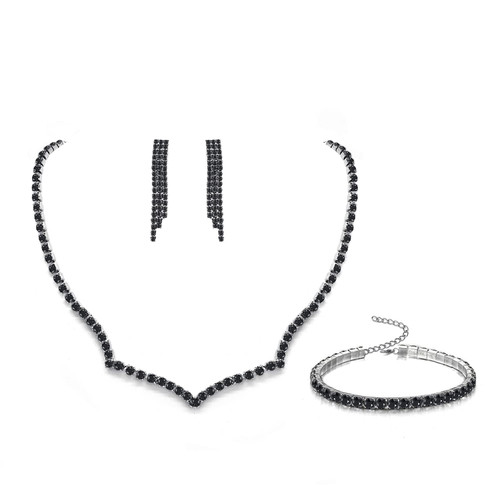 Ruzzykea Crystal Rhinestone Earrings Necklace Bracelet Jewelry Set for Bride Prom Wedding Costume (Black)