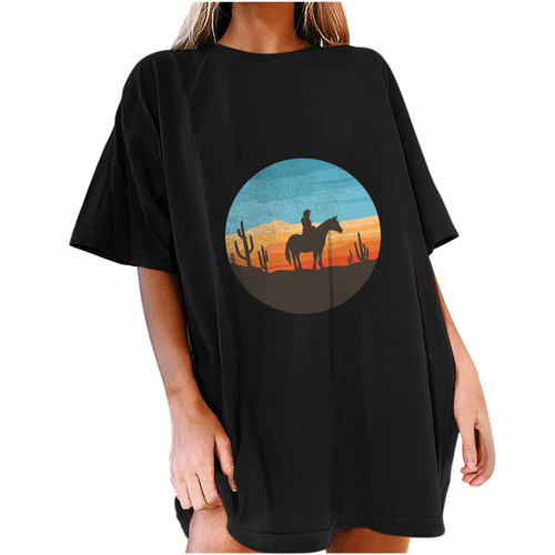 Women's Western Desert Cactus T-Shirt Retro Sunset Cactus Graphic Shirt Casual Blouse Tops Tees