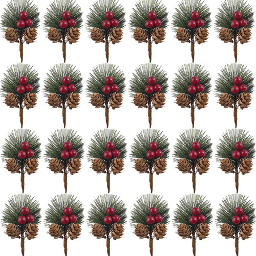 TIHOOD 25PCS Artificial Pine Picks, Pine Needles Branches with Red Berry Stems, Small Fake Berries Pinecones Branches for Crafts Christmas Tree DIY Garland Holiday Wreath