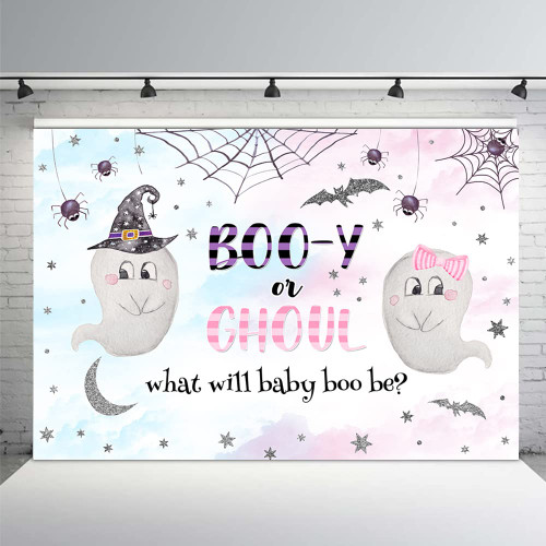 MEHOFOND 7x5ft Halloween Gender Reveal Backdrop Boo-y or Ghoul Baby Reveal Party Decorations What Will Baby Boo Be Photography Background Pink and Blue Sliver Party Photobooth Props