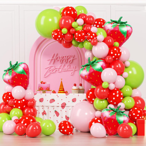 JHSDSCZ Strawberry Balloon Arch Kit, 154pcs Red Pink Green Balloons with Red Polka Dot Strawberry Balloons for Strawberry Berry First Themed Baby Shower Birthday Party Supplies JHSDSCZ Strawberry Balloon Arch Kit, 154pcs Red Pink Green Balloons with Red Polka Dot Strawberry Balloons for Strawberry Berry First Themed Baby Shower Birthday Party Supplies