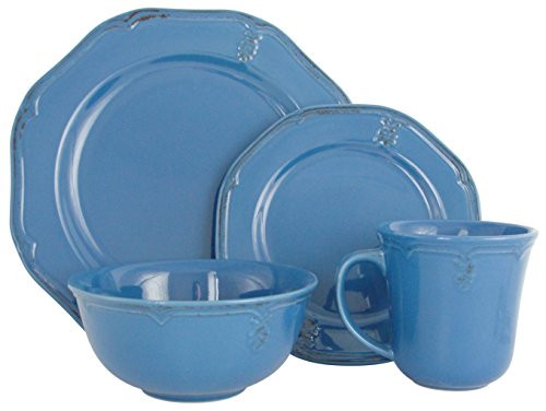 Melange Stoneware 16-Piece Dinnerware Set (Antique Blue) | Service for 4| Microwave, Dishwasher & Oven Safe | Dinner Plate, Salad Plate, Soup Bowl & Mug (4 Each)