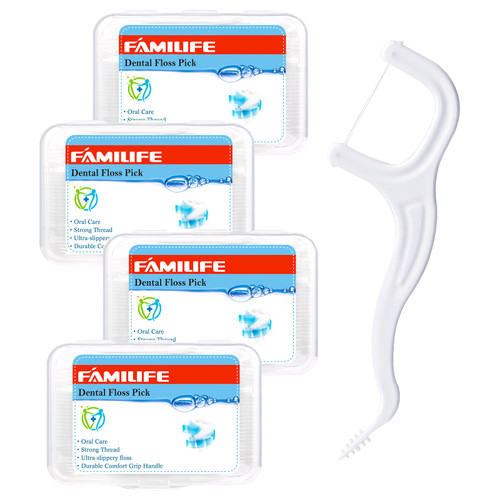 FAMILIFE Floss Picks, 200 Count Unflavored Dental Floss Picks, Tooth Picks Flossers with 4 Travel Handy Cases, Helps to Fight Tooth Decay and Keep Your Teeth Clean, Floss Sticks for Family