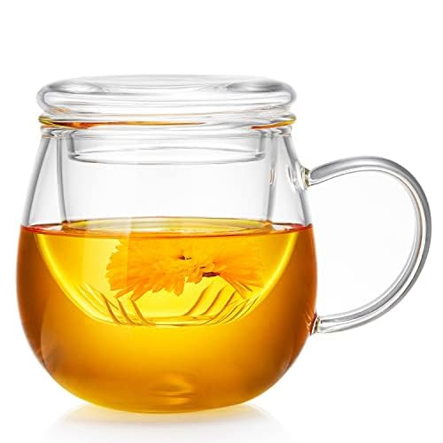 Unbreakable Glass Tea Cup with Infuser and Lid 13OZ Glass Tea Infuser Mug Heat Resistant Borosilicate Glass Clear Tea Cup with Strainer for Loose Leaf Blooming Tea,Tea Bag Microwave Dishwasher Safe
