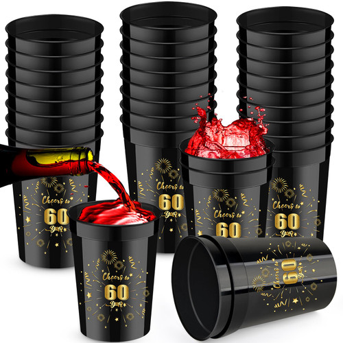 30 Pieces 60th Birthday Cups Cheer to 60 Years Plastic Cups 8 oz Plastic Birthday Stadium Cups Black and Gold Plastic Cups for Birthday Party Favors Anniversary Wedding Party Supplies (60th, 8oz)