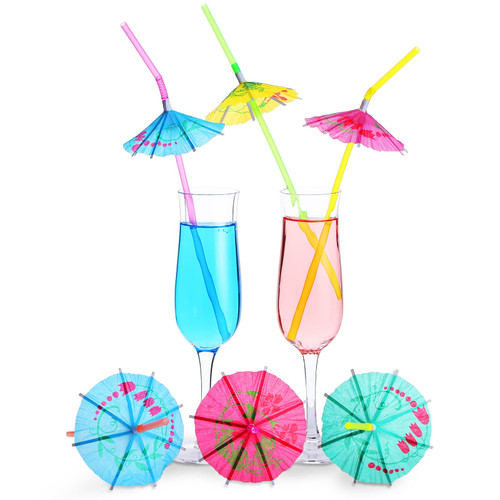 300 Pcs Umbrella Parasol Drinking Straws Luau Party Decorations Bendable Hawaiian Cocktail Straws with Umbrella Disposable Drinking Straws for Summer Beach, Hawaiian Party Decorations