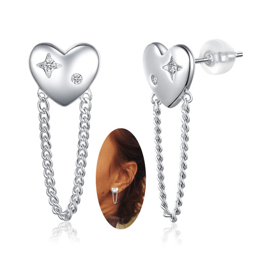 JSGEMSLEE Heart Stud Earrings for Women 925 Sterling Silver Heart Earrings With Chain Dangle Earrings Jewelry Gifts JSGEMSLEE Heart Stud Earrings for Women 925 Sterling Silver Heart Earrings With Chain Dangle Earrings Jewelry Gifts