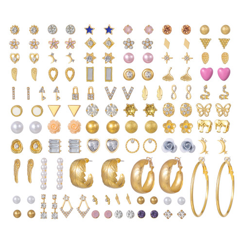 66 Pairs Gold Assorted Multiple Stud Earrings Set Hypoallergenic Bar Lock Moon Star CZ Stud Earring Hoop Earrings for Women Girls (Hot Pink Heart)
