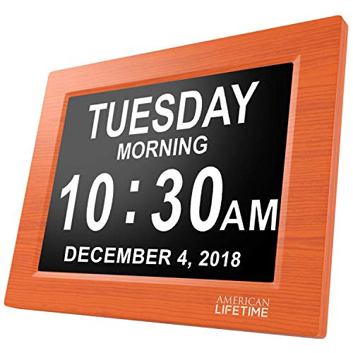 American Lifetime [Newest Version] Day Clock - Extra Large Impaired Vision Digital Clock with Battery Backup & 5 Alarm Options (Brown Wood Color)