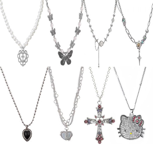 Y2k Necklaces Accesories Grunge Moonstone Cross Heart Butterfly Pearl Necklace Vintage Gothic Aesthetic Choker Necklace Set for Women Girls