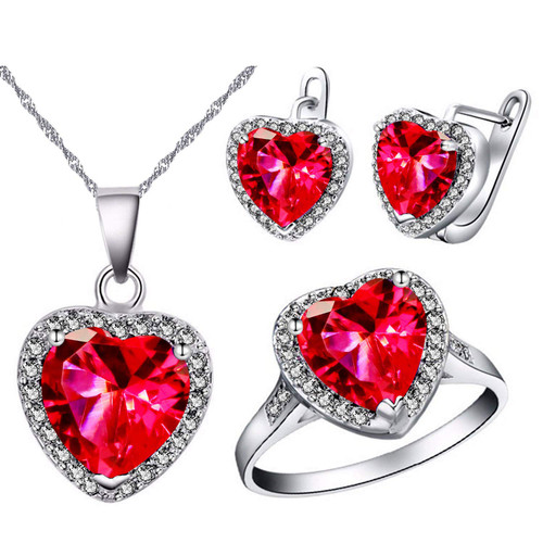 Uloveido Girls' Platinum Plated Brass Red Stone Simulated Diamond Jewelry Piercing Earrings Necklace and Solitaire Rings Set for Teen Girls Women T481 Uloveido Girls' Platinum Plated Brass Red Stone Simulated Diamond Jewelry Piercing Earrings Necklace and Solitaire Rings Set for Teen Girls Women T481