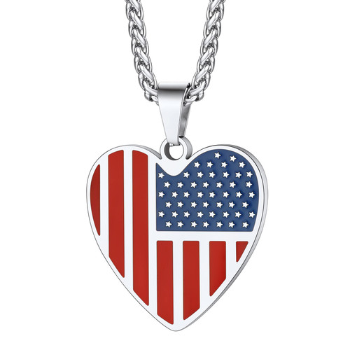 Bestyle Women Stainless Steel US Flag Necklace Heart American Flag Pendant Cool Heavy Spiga Necklace For Patriots and American Soldier