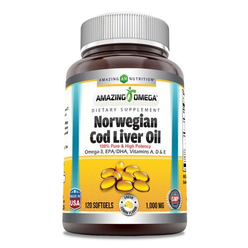 Amazing Omega Norwegian Cod Liver Oil 1000 Mg Softgels Supplement | Omega-3, EPA, DHA, Vitamin A, Vitamin D & Vitamin E (Lemon | 120 Count) Amazing Omega Norwegian Cod Liver Oil 1000 Mg Softgels Supplement | Omega-3, EPA, DHA, Vitamin A, Vitamin D & Vitamin E (Lemon | 120 Count)