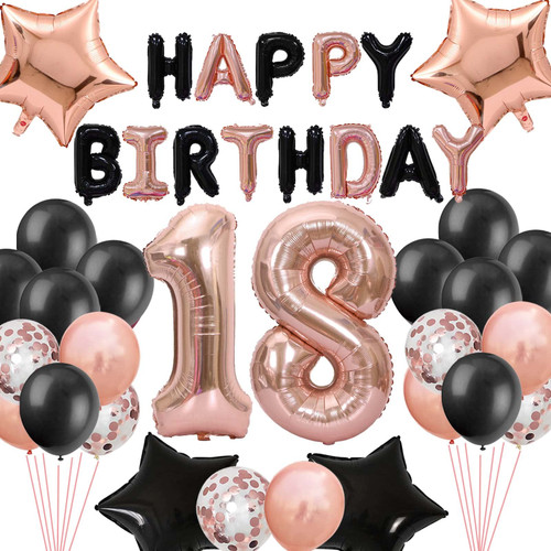 18th Birthday Decorations for Girls, Black Rose Gold 18th Happy Birthday Banner Jumbo Number 18 Star Foil Balloons 18th Birthday Latex Confetti Balloon for Girl Her 18 Years Old Birthday Party(18th)