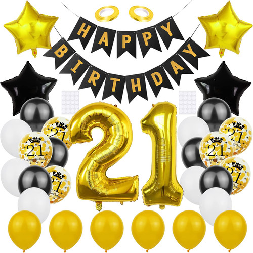 21st Birthday Decoration for Him, Black Gold White 21st Birthday Party Balloons Decor Printed Confetti Latex Balloons Jumbo Number 21 Foil Balloon with Happy Birthday Banner for Men Women Anniversary