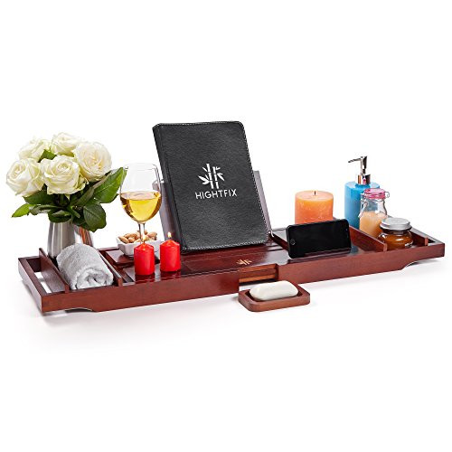 Hightfix Bamboo Bathtub Caddy with Tablet Holder, Cell Phone Tray and Wine Glass Holder, Extending Sides