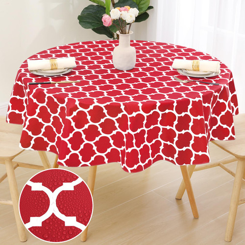 smiry Round Plastic Table Cloth, Waterproof Vinyl Tablecloth with Flannel Backing for Round Tables, Wipeable Spillproof Tablecloths for Dining, Camping, Indoor and Outdoor (60" Round, Red)