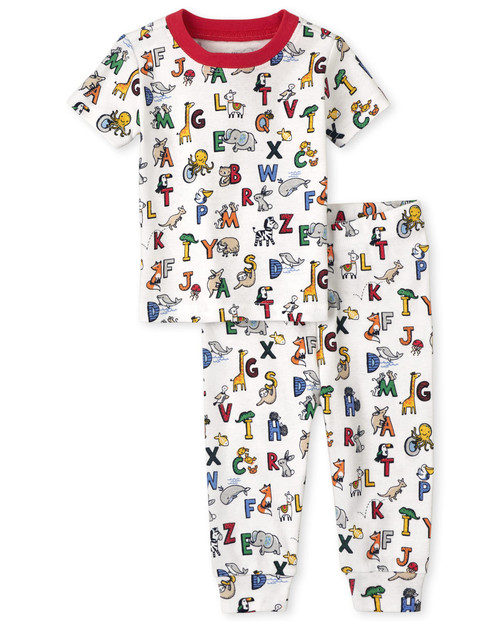 The Children's Place Unisex Baby and Toddler Short Sleeve Top and Pants Snug Fit 100% Cotton 2 Piece Pajama Sets, Alphabet, 0-3 Months