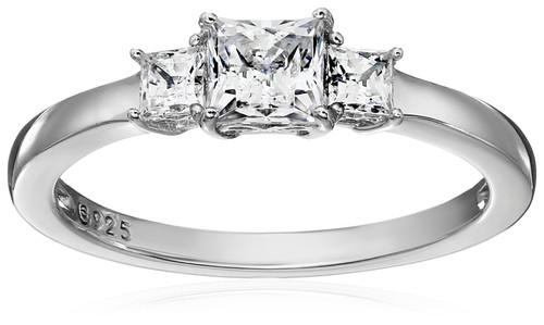 Amazon Collection Platinum-Plated Sterling Silver Infinite Elements Cubic Zirconia 1 cttw Princess 3 Stone Ring, Size 9