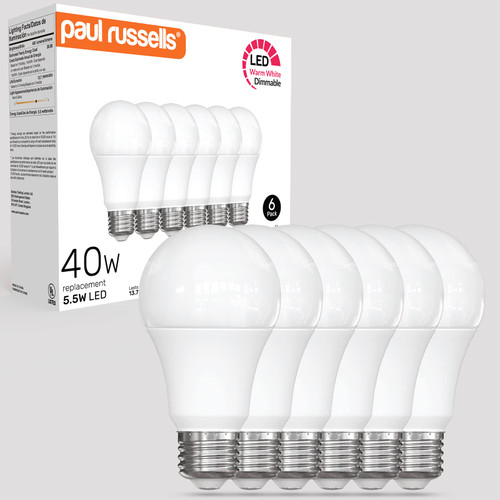 paul russells A19 LED Bulb 40W Equivalent, 3000K Warm White, 450 Lumens, Dimmable Standard GLS LED Light Bulbs 5.5Watt, UL Listed, E26 Base Soft White Bulbs 6 Pack