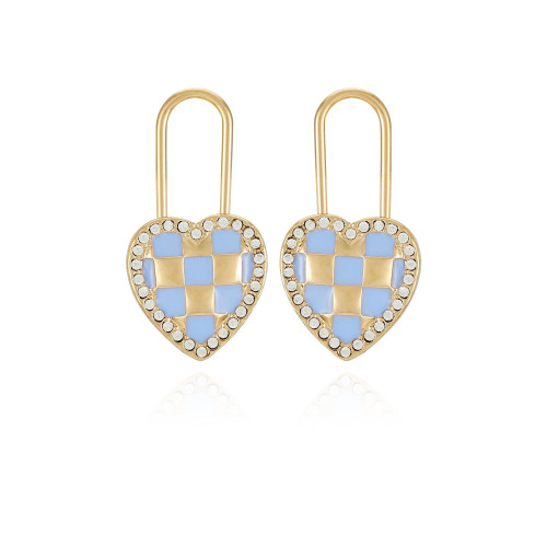 Juicy Couture Goldtone and Pink Checkered Heart Lock Post Drop Earrings